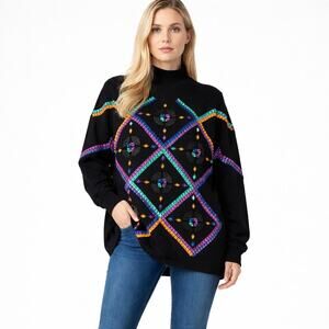 Vintage 90s Classiques 100% Merino Wool Black Sweater Size Medium Bejeweled